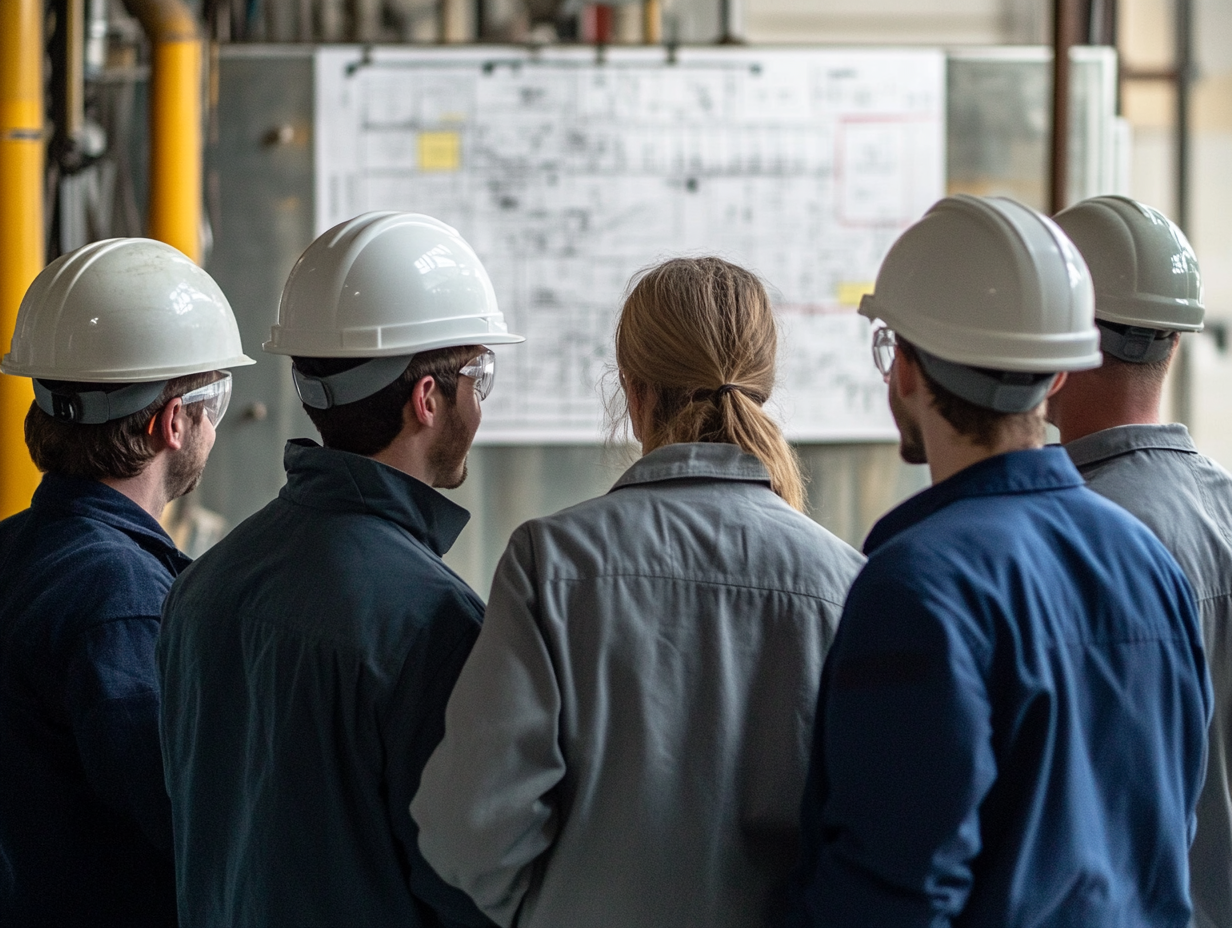 Morning production huddle in front of the control plan, Bradley Group coating facility