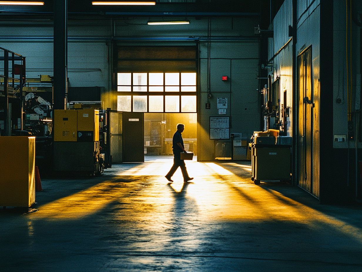 End of shift at the Bradley Group coating floor — lights going down