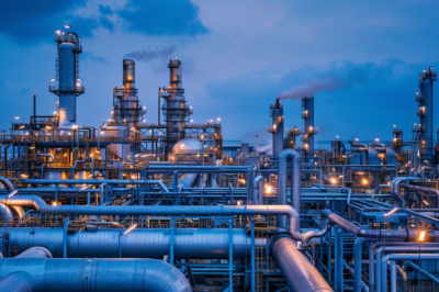 An industrial oil refinery with large metal pipes, towers, and chimneys emits smoke under a cloudy evening sky. Numerous lights illuminate the complex structure.