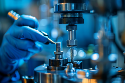 A gloved hand uses tweezers to adjust metal components on a precision industrial machine, with blue lighting highlighting the mechanical details and assembly process.