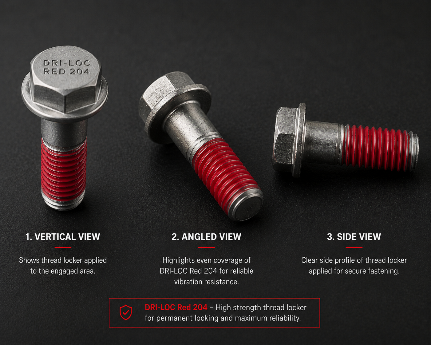 Three metal bolts with red thread locker applied are displayed on a dark surface. The bolts are shown in vertical, angled, and side views, demonstrating the even application of the thread locker.