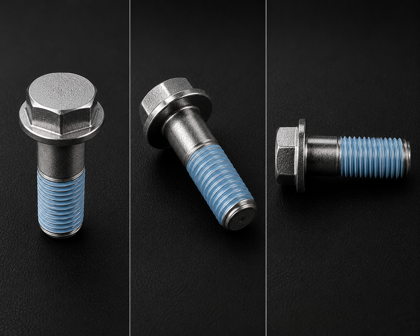 Three views of a metal hex bolt with a blue thread locker applied to the threaded portion, shown on a black background.