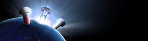 Three large screws appear to be embedded in the edge of a glowing Earth, with rays of light shining from behind, set against a dark space background.