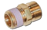 A brass plumbing fitting with male threads on one end and a compression connection on the other, featuring a white sealant or tape on the threads.