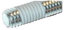 Close-up of the end of a silver metal screw or threaded rod, showing spiral grooves and ridges.