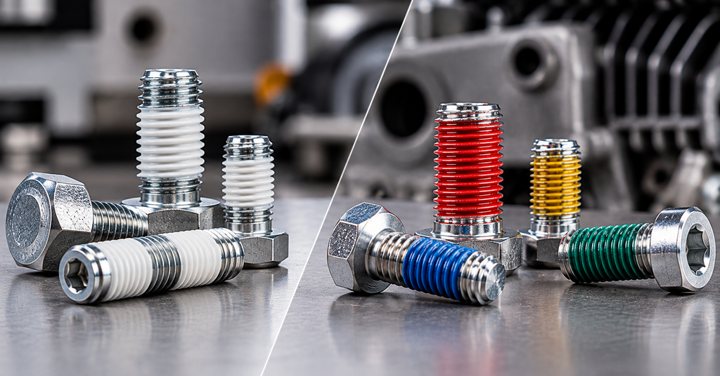 Metal bolts with color-coded threaded sections in white, red, yellow, blue, and green, displayed on a metallic surface.