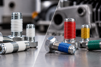 Metal bolts with color-coded threaded sections in white, red, yellow, blue, and green, displayed on a metallic surface.